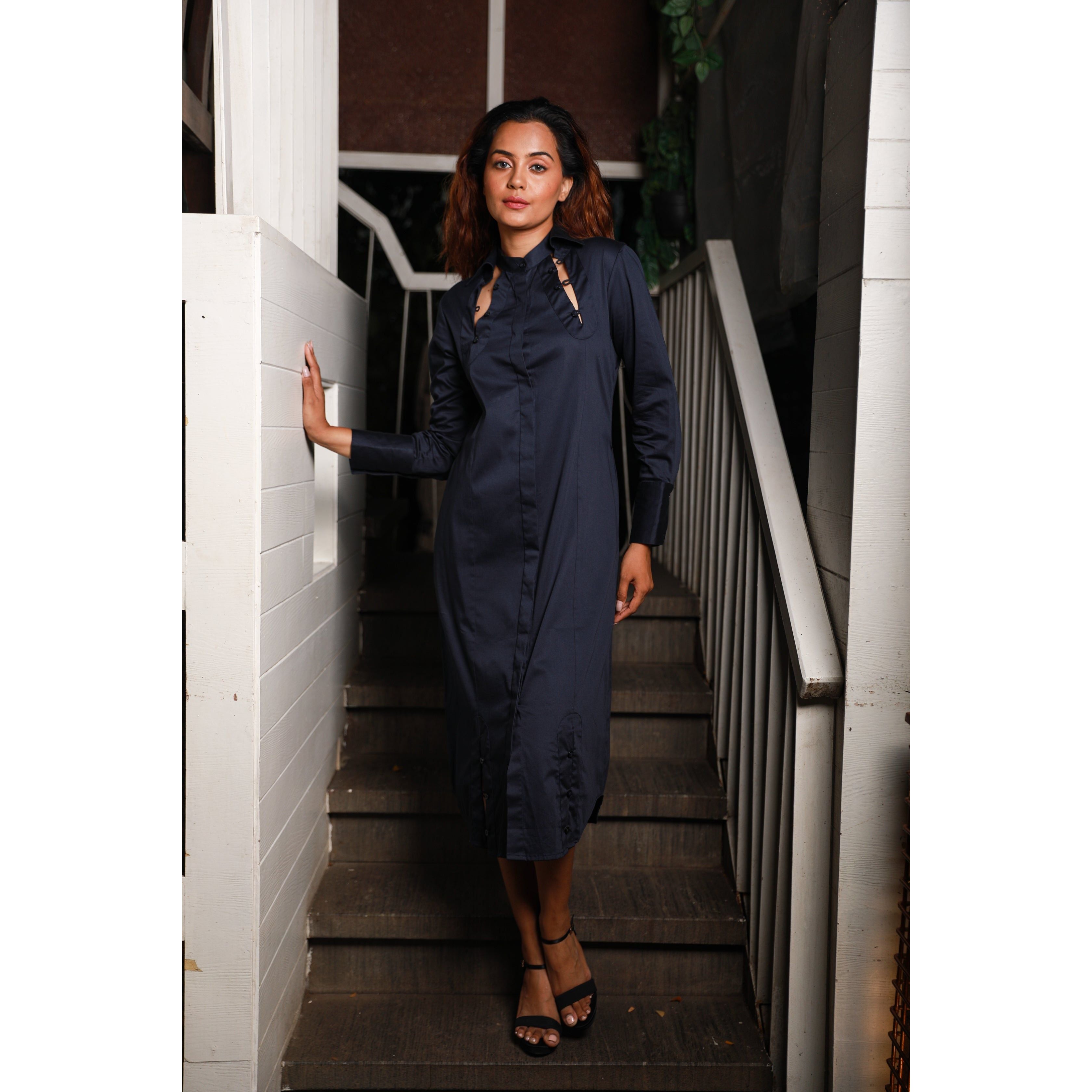 Open shoulder collar shirt dress
